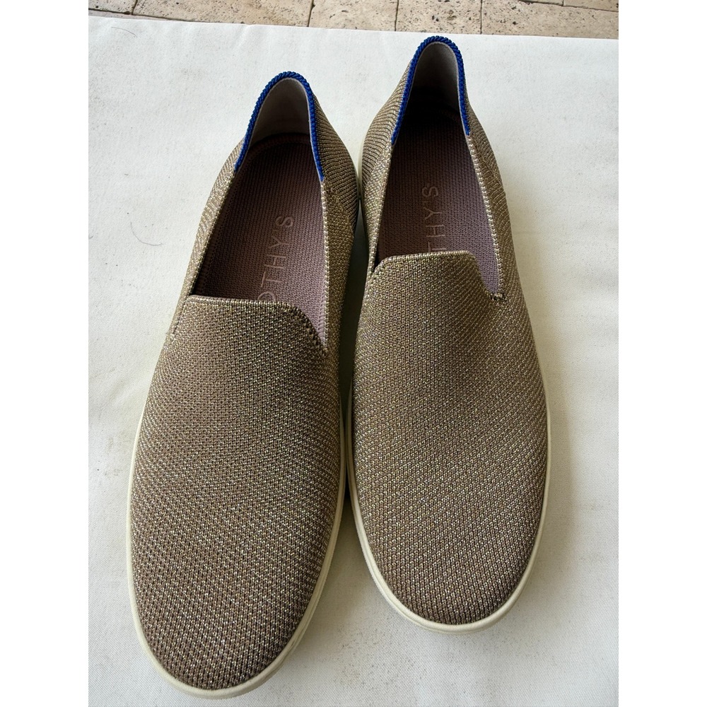 Rothy's Slip-On Sneakers in Tan with Blue Trim